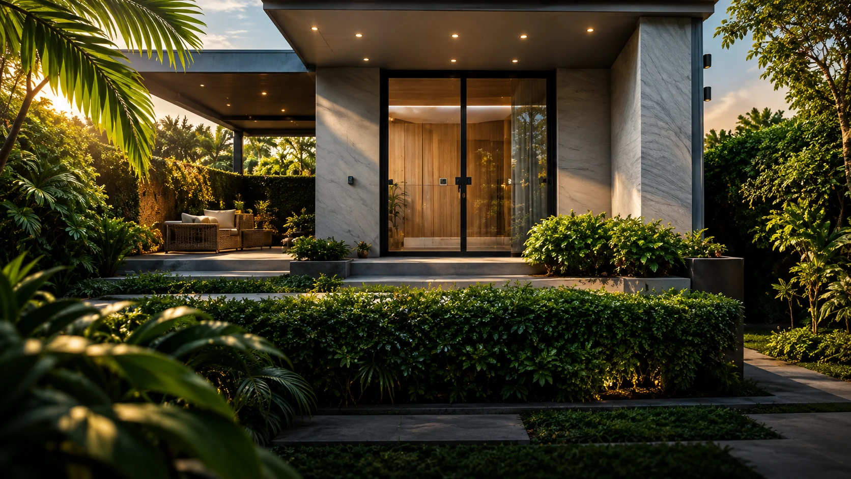 Residência contemporânea cercada por um jardim bem cuidado